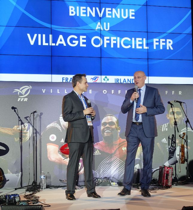 Animateur événementiel Tournoi des 6 Nations au Stade de France avec Bernard Laporte Président de la FFR samedi 3 février 2018